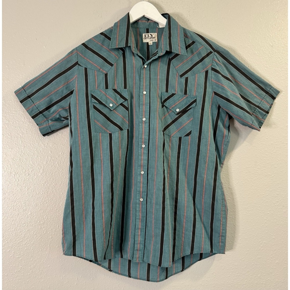 Vintage ELY Cattleman Pearl Snap Western Shirt Striped Cowboy Ranchwear USA 16.5